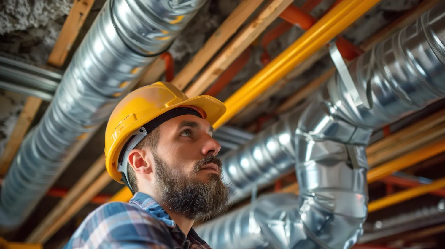 Technician inspecting commercial sheet metal ductwork