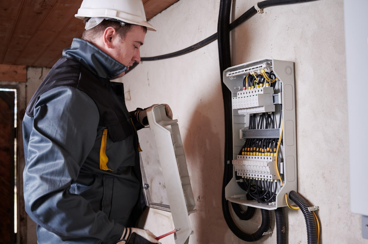 Electrician working on electrical panel indoors