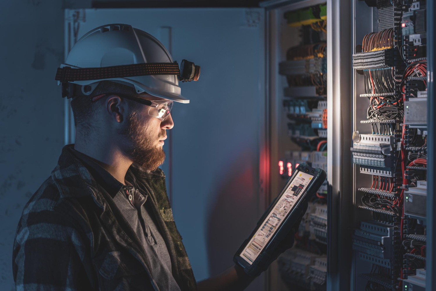Electrician inspecting control panel with tablet