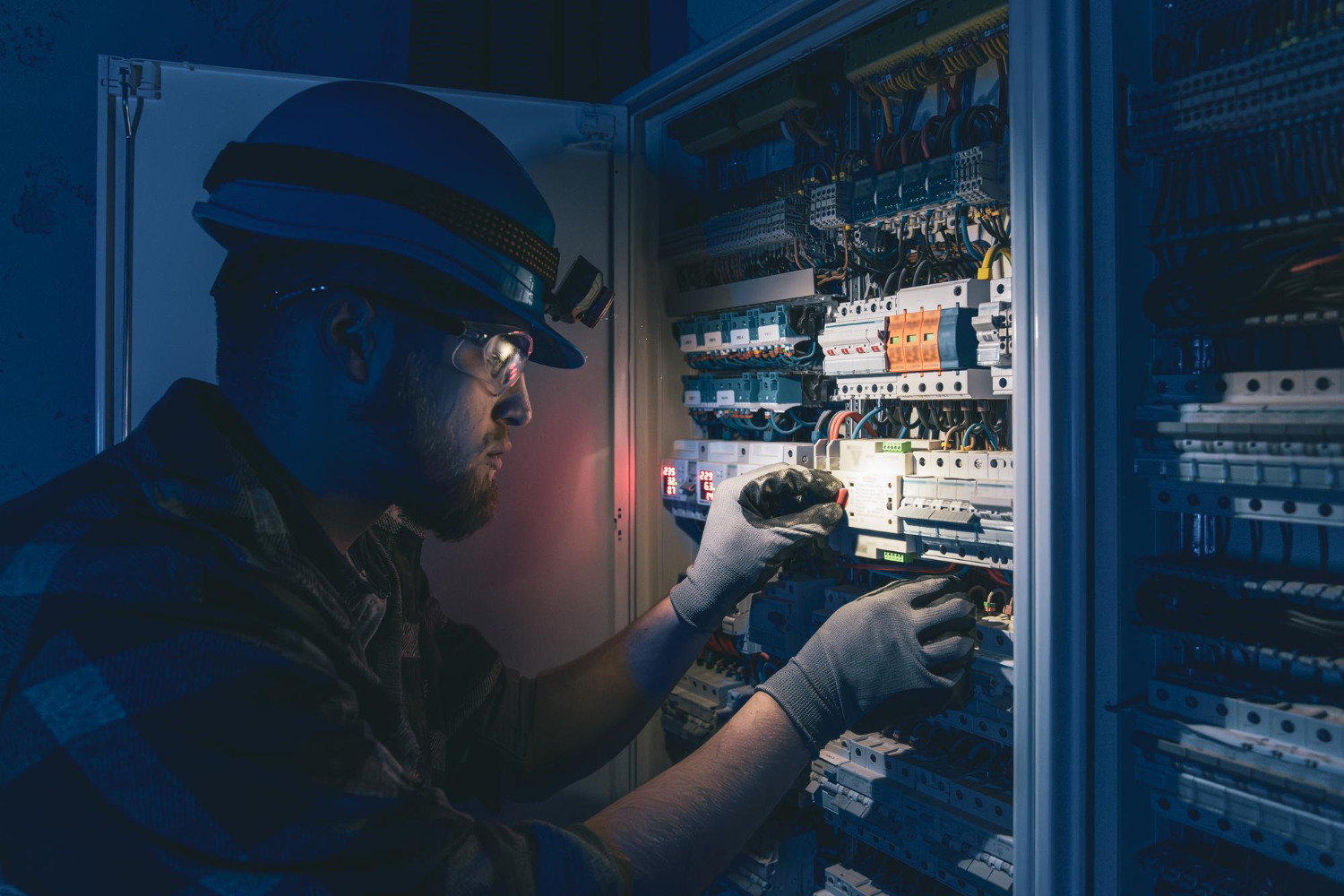 Electrician repairing industrial control panel