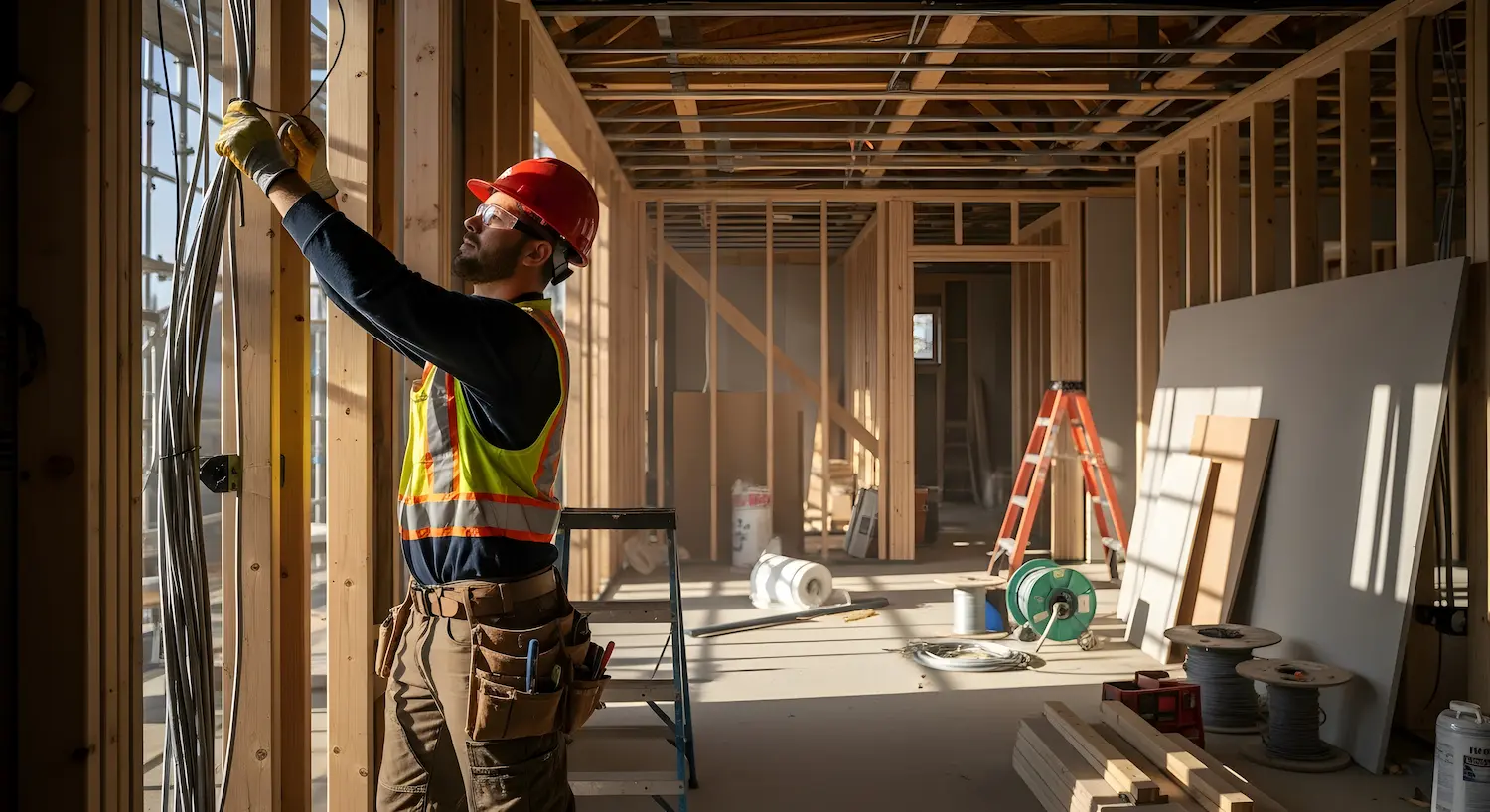Electrician performing rough wiring in new construction