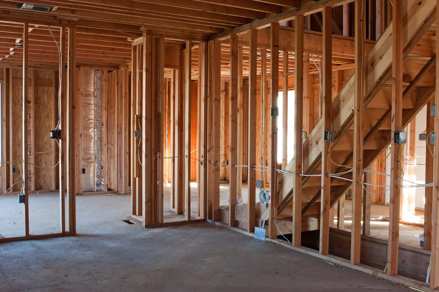 Interior framing with rough electrical wiring