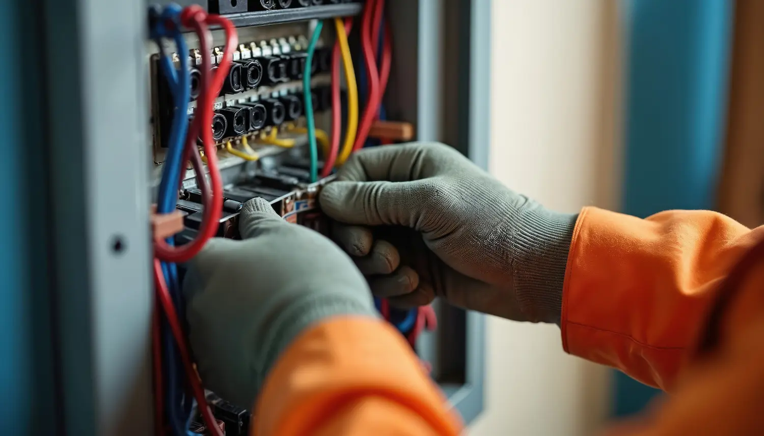 Electrician adjusting circuit breakers in electrical panel
