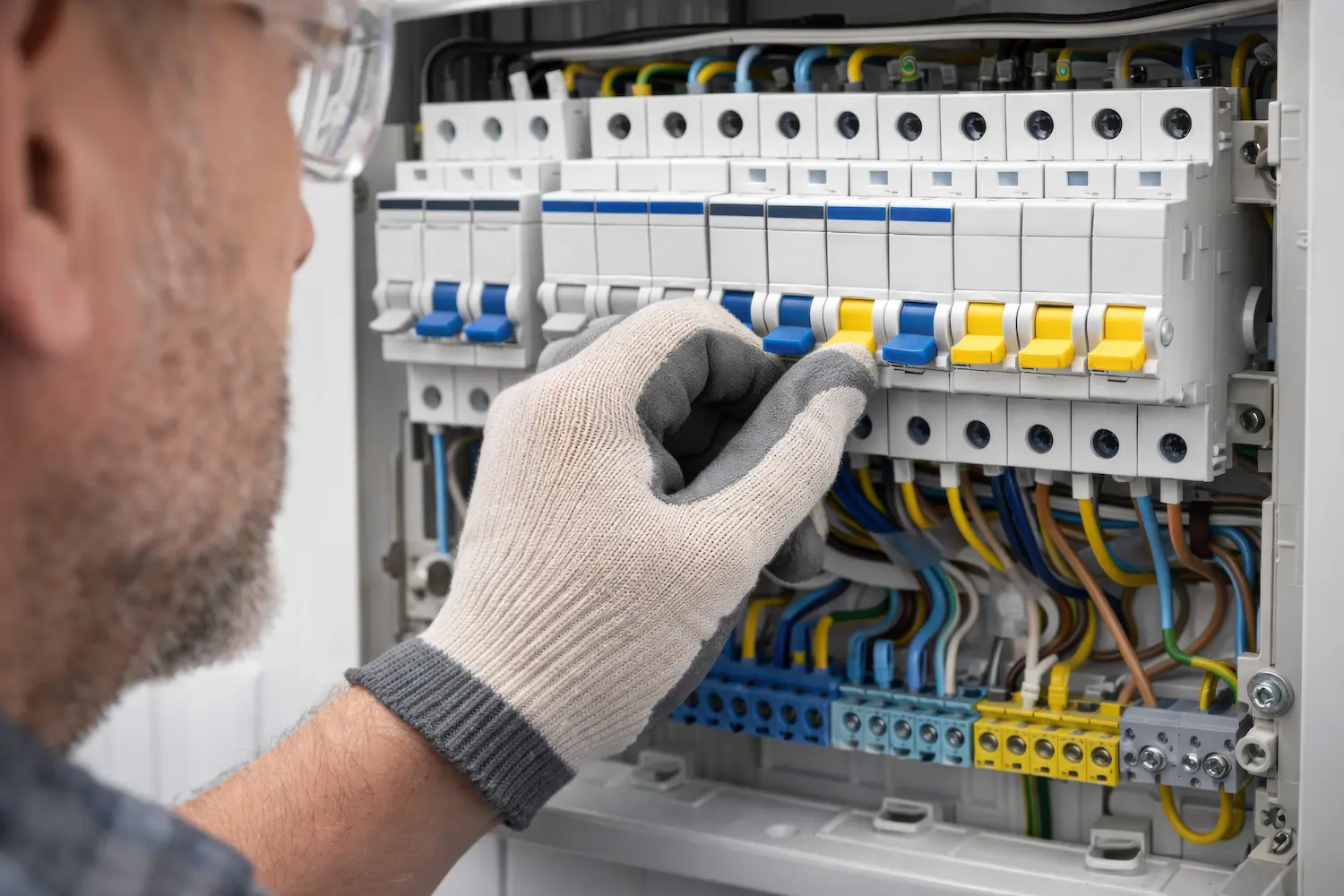 Electrician connecting wires inside electrical control panel