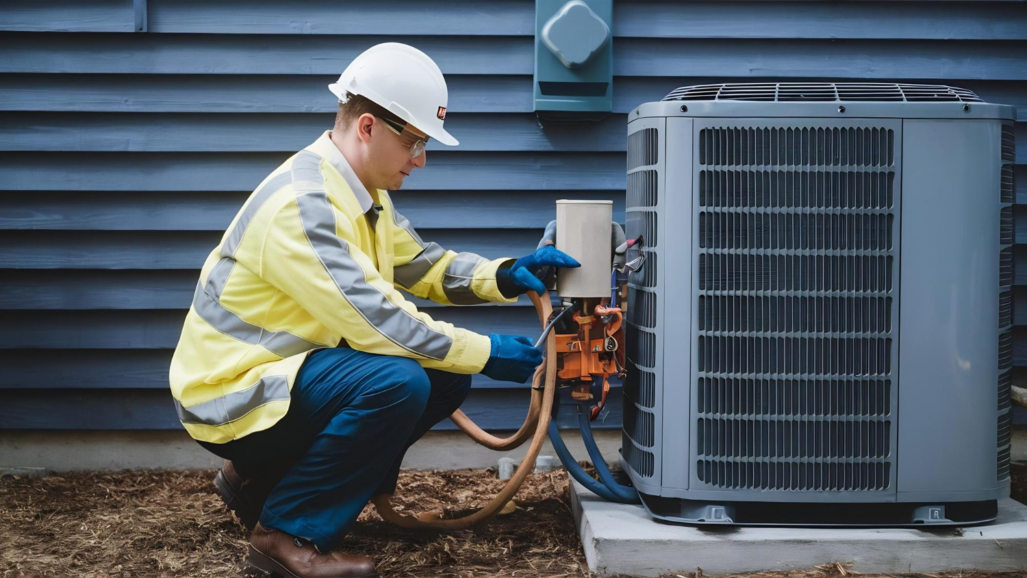 HVAC technician servicing outdoor air conditioning unit during AC installation