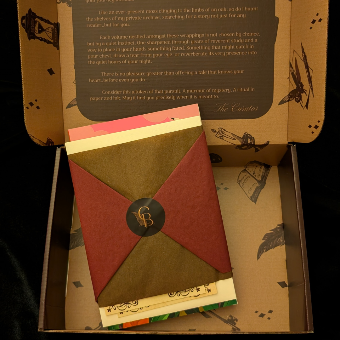 The Curator's Bazaar's Romance box opened to display a wrapped book, a sealed letter, stationary for drinks and music, and small perfume card