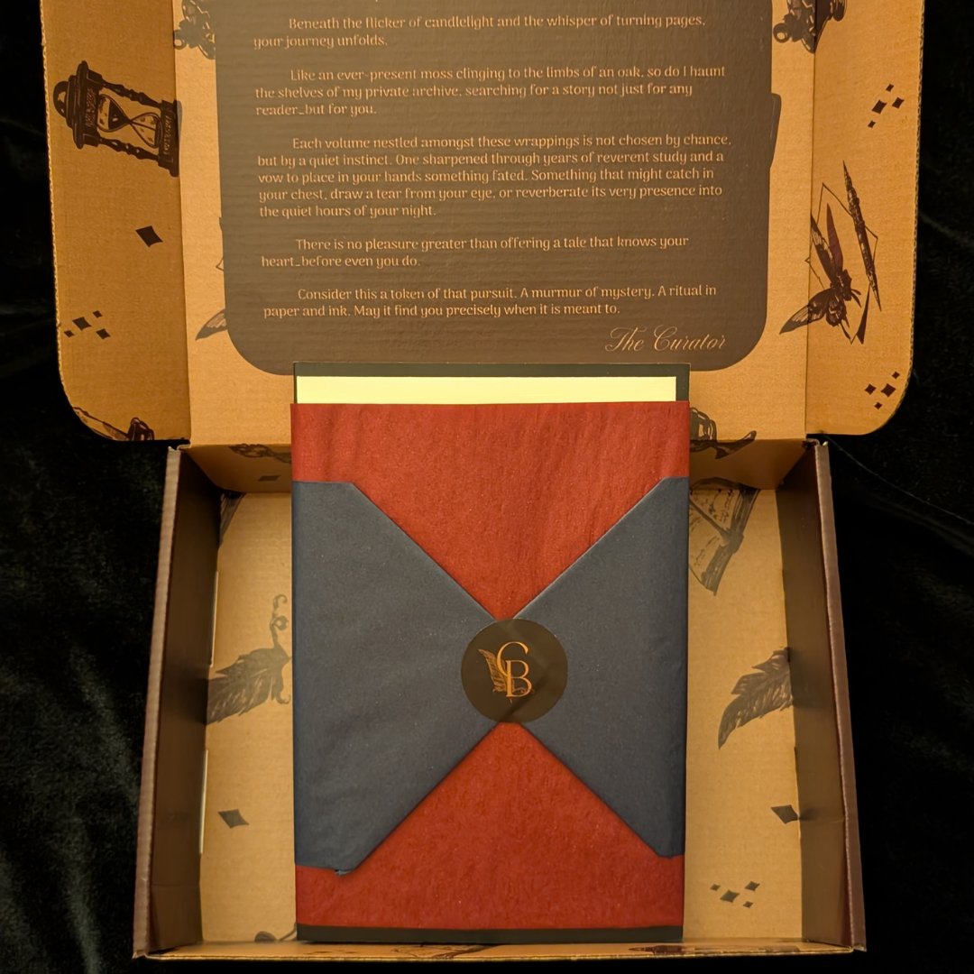 The Curator's Bazaar's Science Fiction box opened to display a wrapped book, a sealed letter, stationary for drinks and music, and small perfume card
