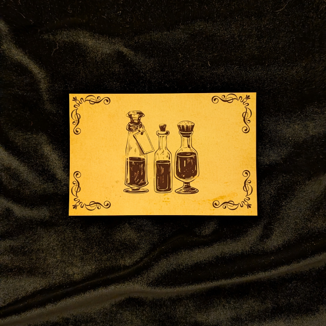 The Curator's Bazaar's drink card sitting atop black velvet.