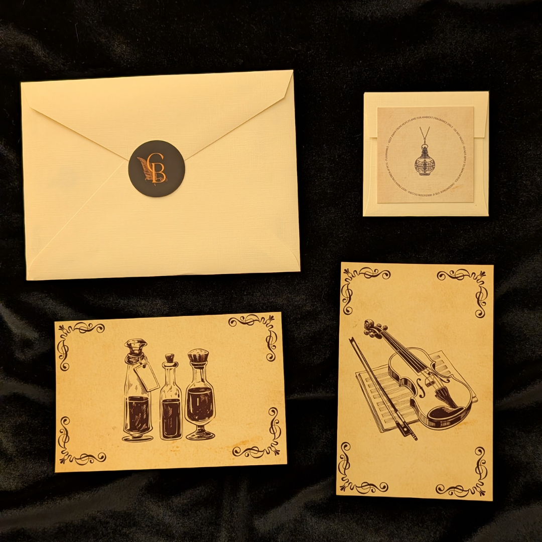 The Curator's Bazaar's sealed letter, stationary for drinks and music, and small perfume card sitting atop black velvet.