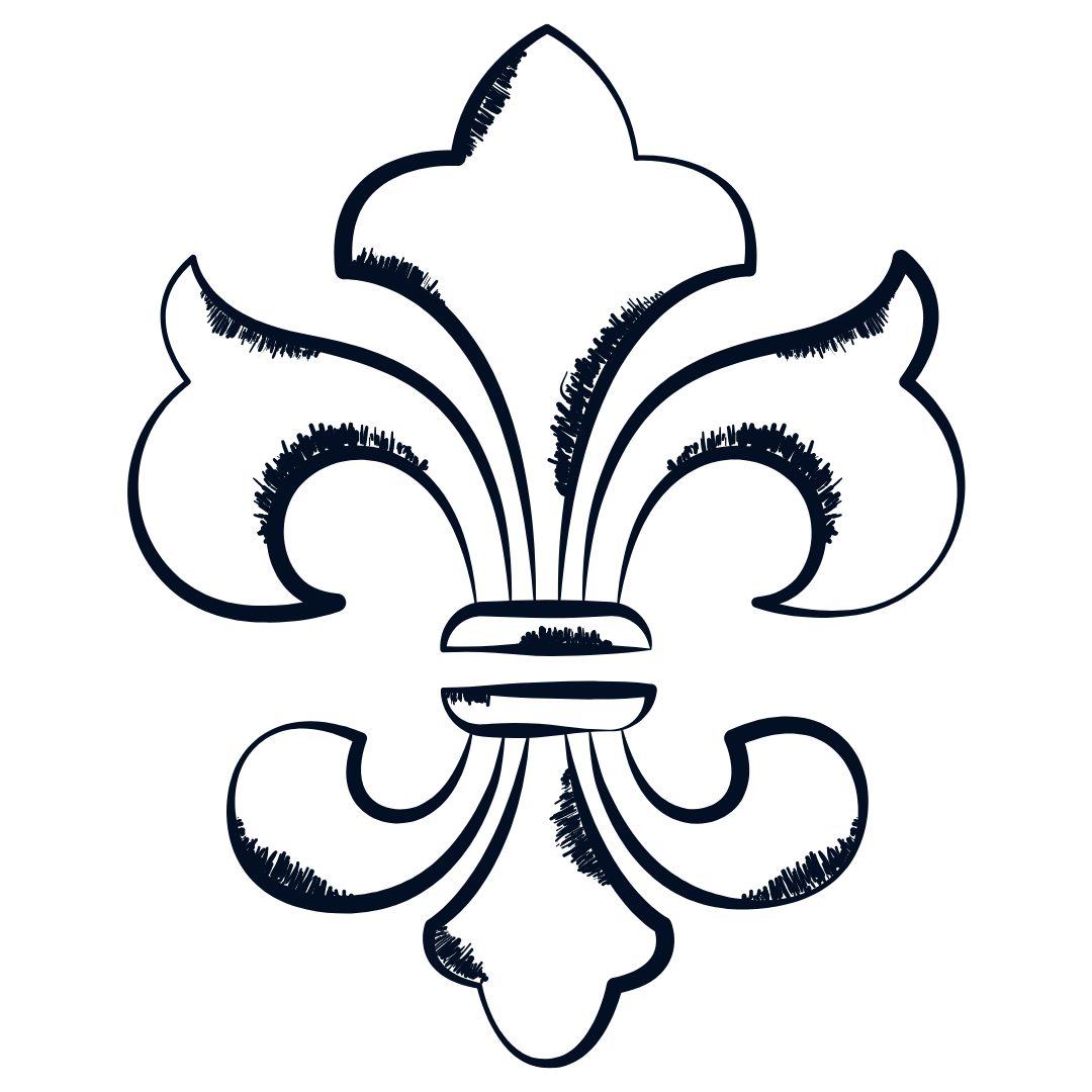 Black outline of a fleur-de-lis symbol with decorative curves and a center knot.