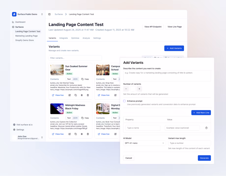 User interface of a content management tool showing a Landing Page Content Test with variants and an Add Variants popup form for creating new content variants using AI model GPT-4.1-nano.