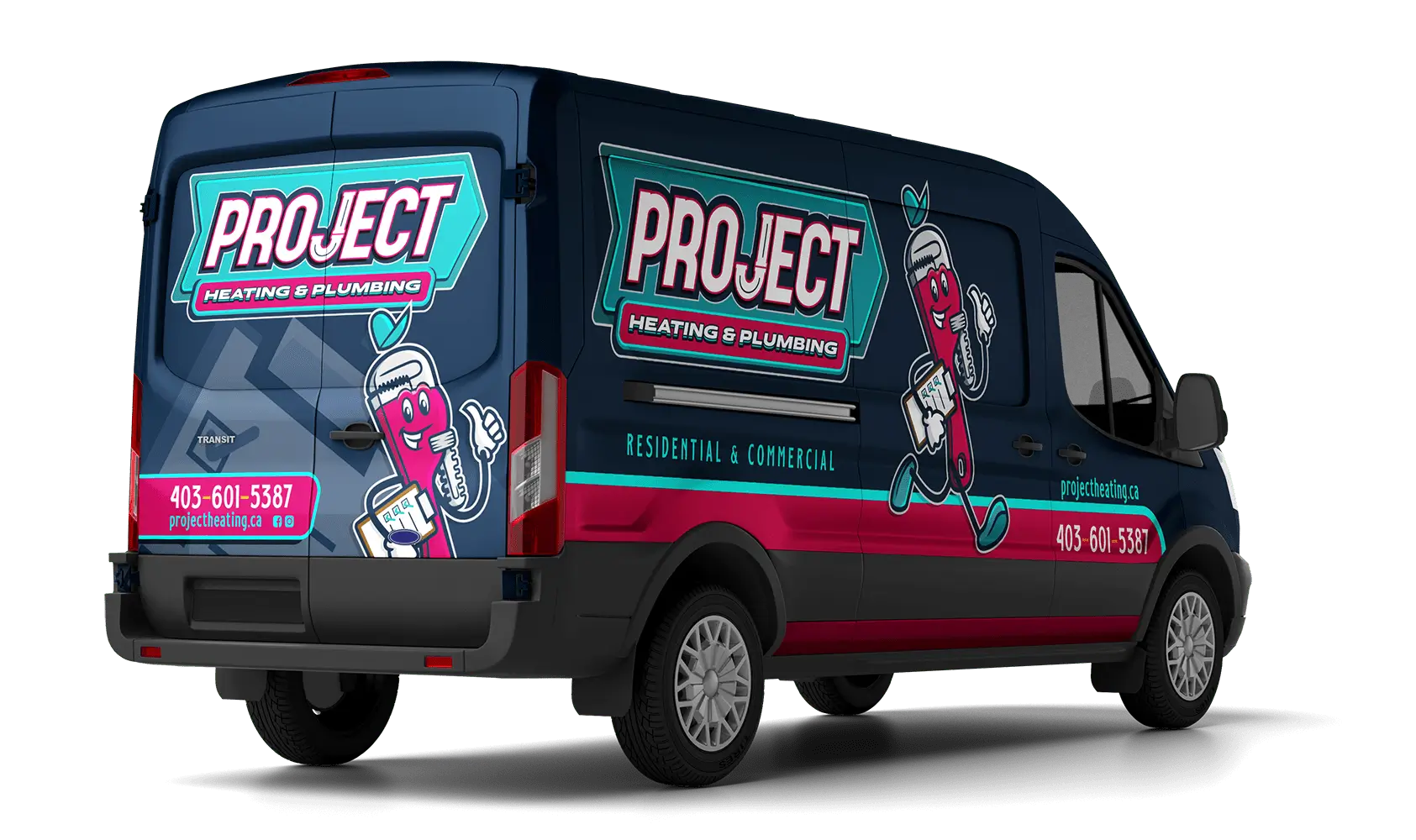 Project Heating & Plumbing service van showcasing branding for residential and commercial heating, cooling, and plumbing services in Okotoks.