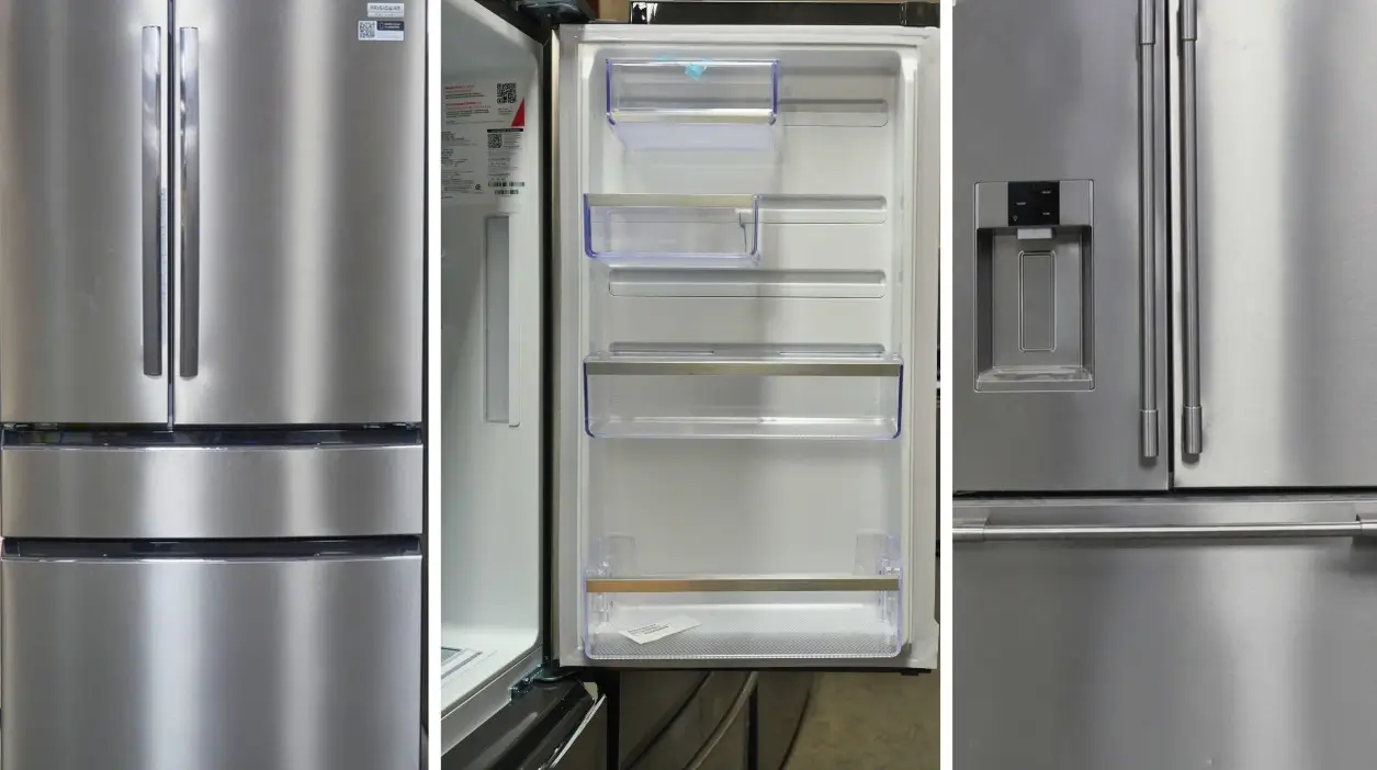 Stainless steel French door refrigerator with open door showing empty interior plastic shelves and a built-in water and ice dispenser on the right door.