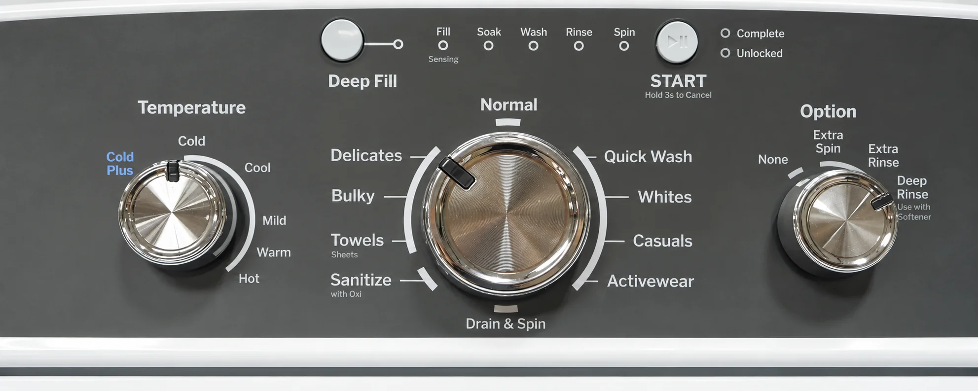Gray washing machine control panel with three main knobs labeled Temperature, Normal, and Option. Temperature knob options are Cold Plus, Cold, Cool, Mild, Warm, and Hot. Normal knob options include Delicates, Bulky, Towels Sheets, Sanitize with Oxi, Drain & Spin, Activewear, Casuals, Whites, Quick Wash, and Normal. Option knob settings are None, Extra Spin, Extra Rinse, and Deep Rinse with softener. Above center knob are indicators for Fill, Sensing, Soak, Wash, Rinse, and Spin. To the right is a white Start button with instructions to hold 3 seconds to cancel, and status indicators for Complete and Unlocked.