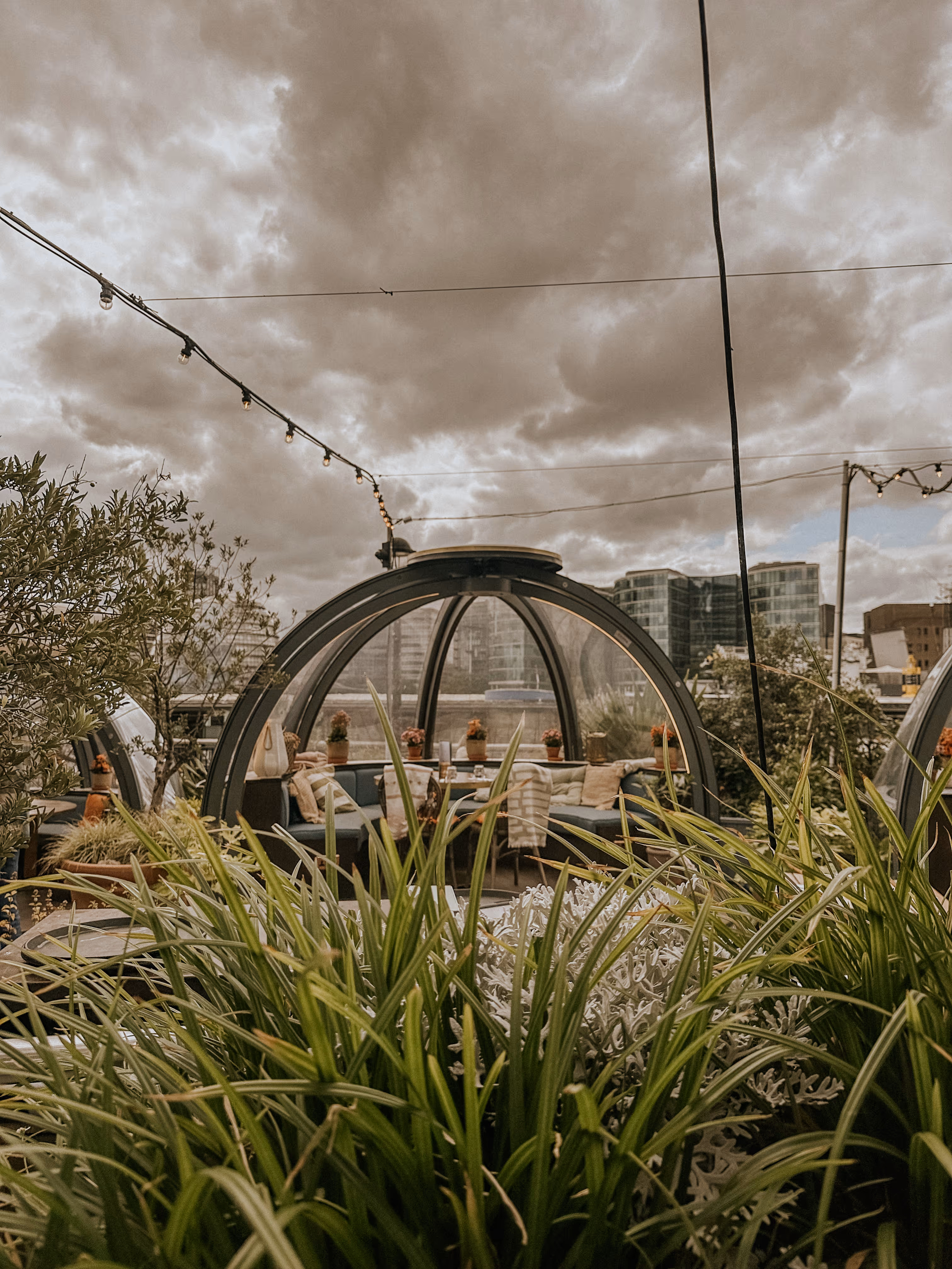 Outdoor seating pod with transparent dome, surrounded by plants and city buildings in the background.