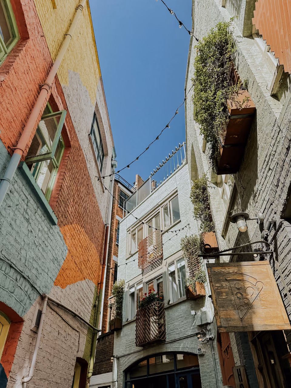 Narrow urban alley with colorful brick walls, hanging plants, and string lights under clear blue sky.