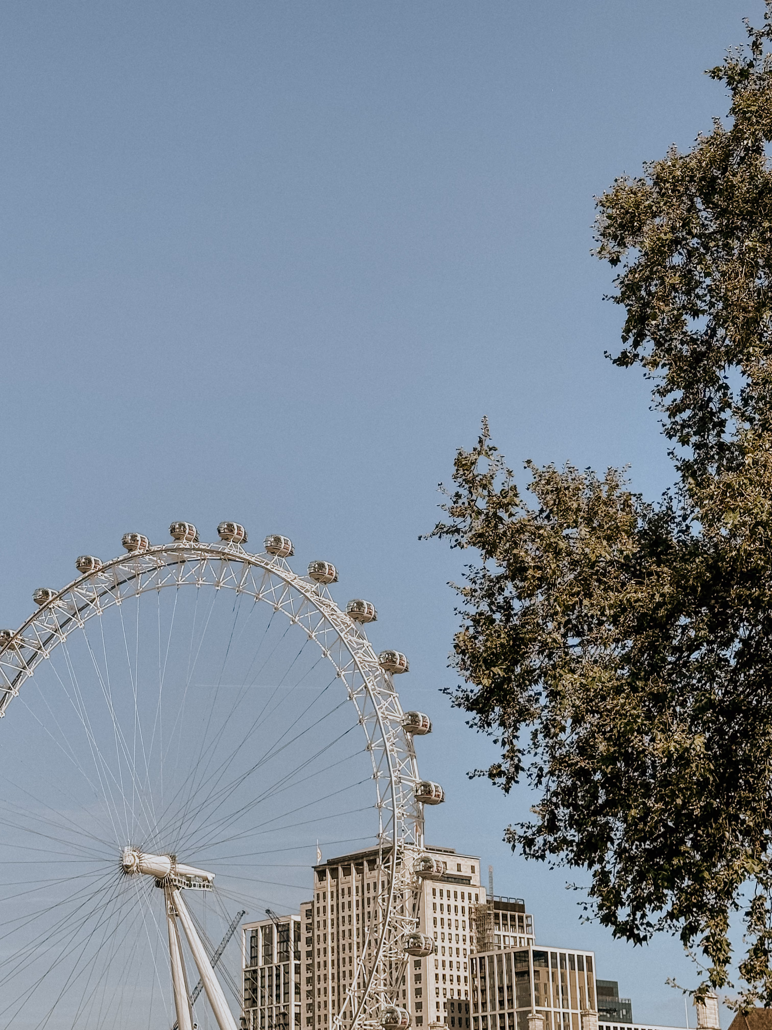 Large Ferris wheel near tall buildings with a tree on the right under a clear blue sky.