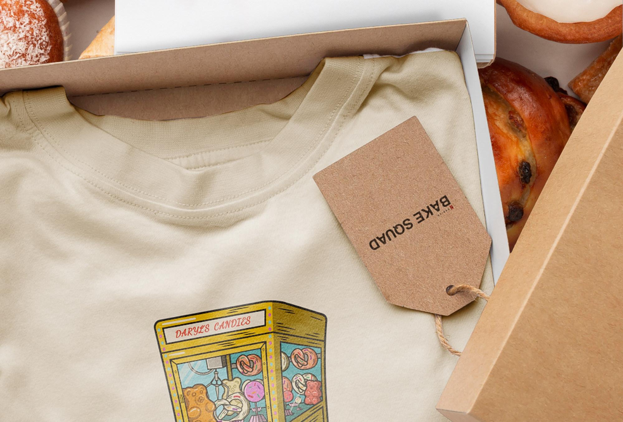 Final claw machine design on t-shirt surrounded by pastries.