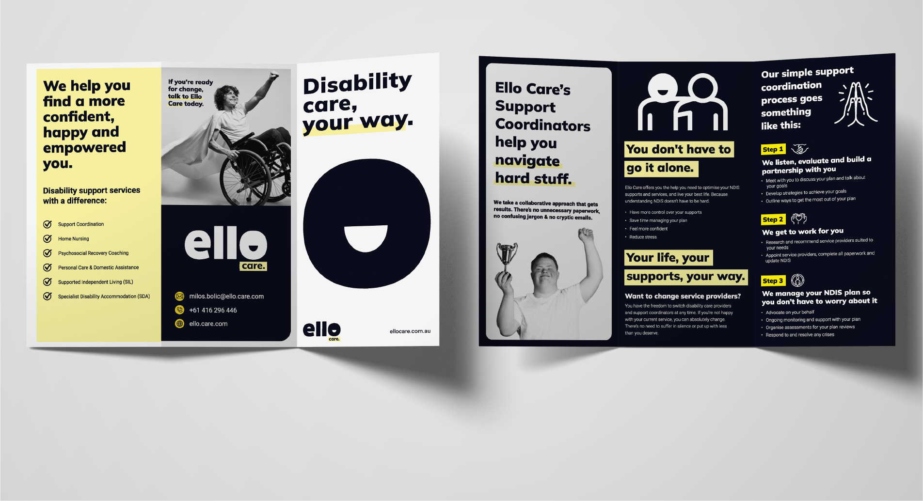 Ello Care brochure design examples.