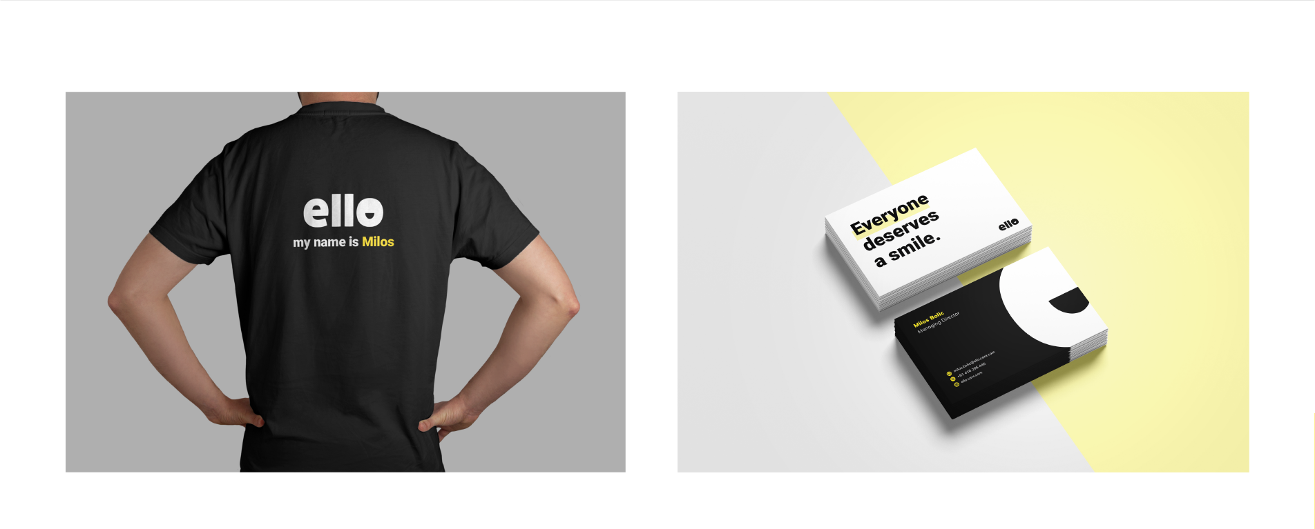 Ello Care's team t-shirts and business card examples.