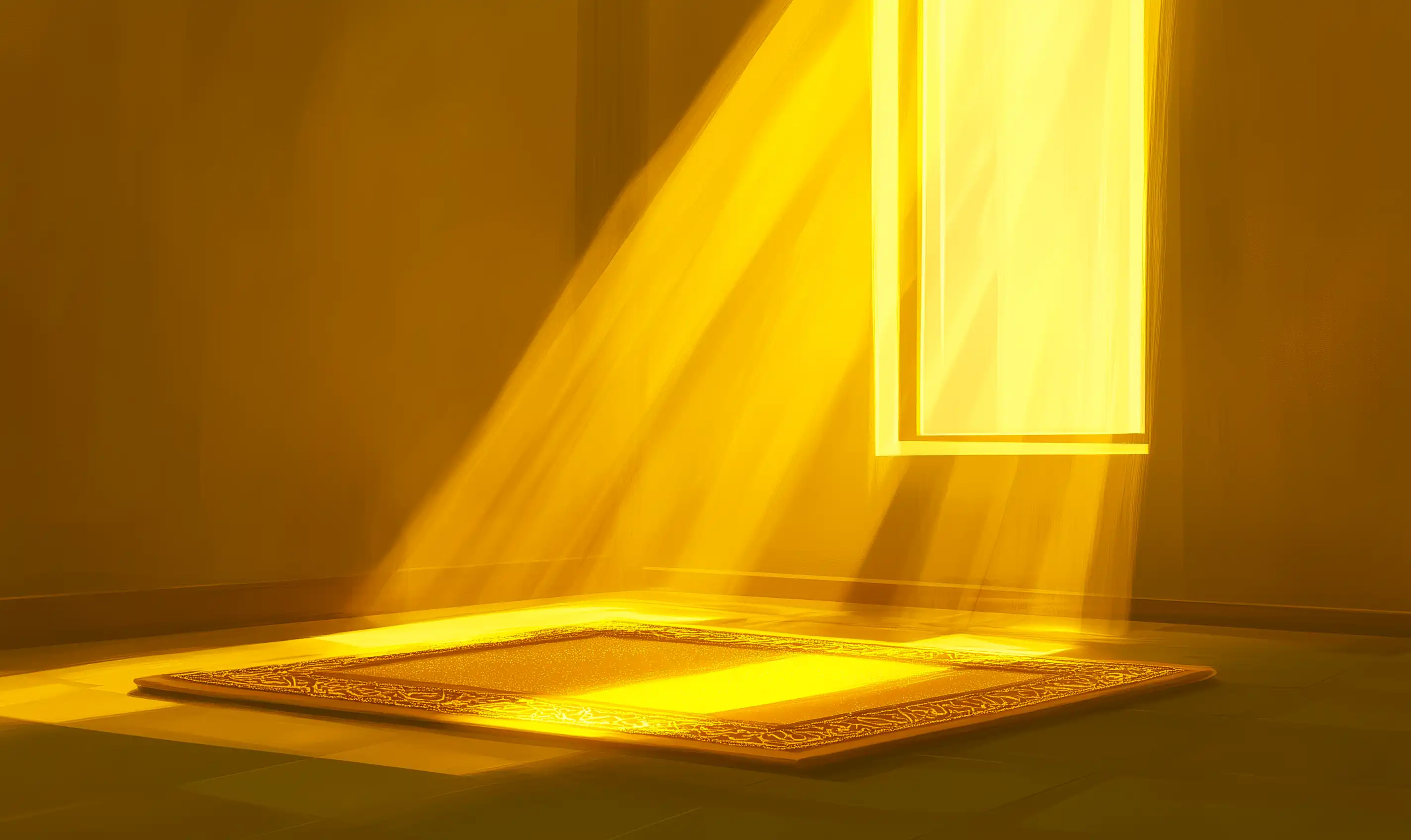 A prayer mat in a room with a window on the right side shining light in the room