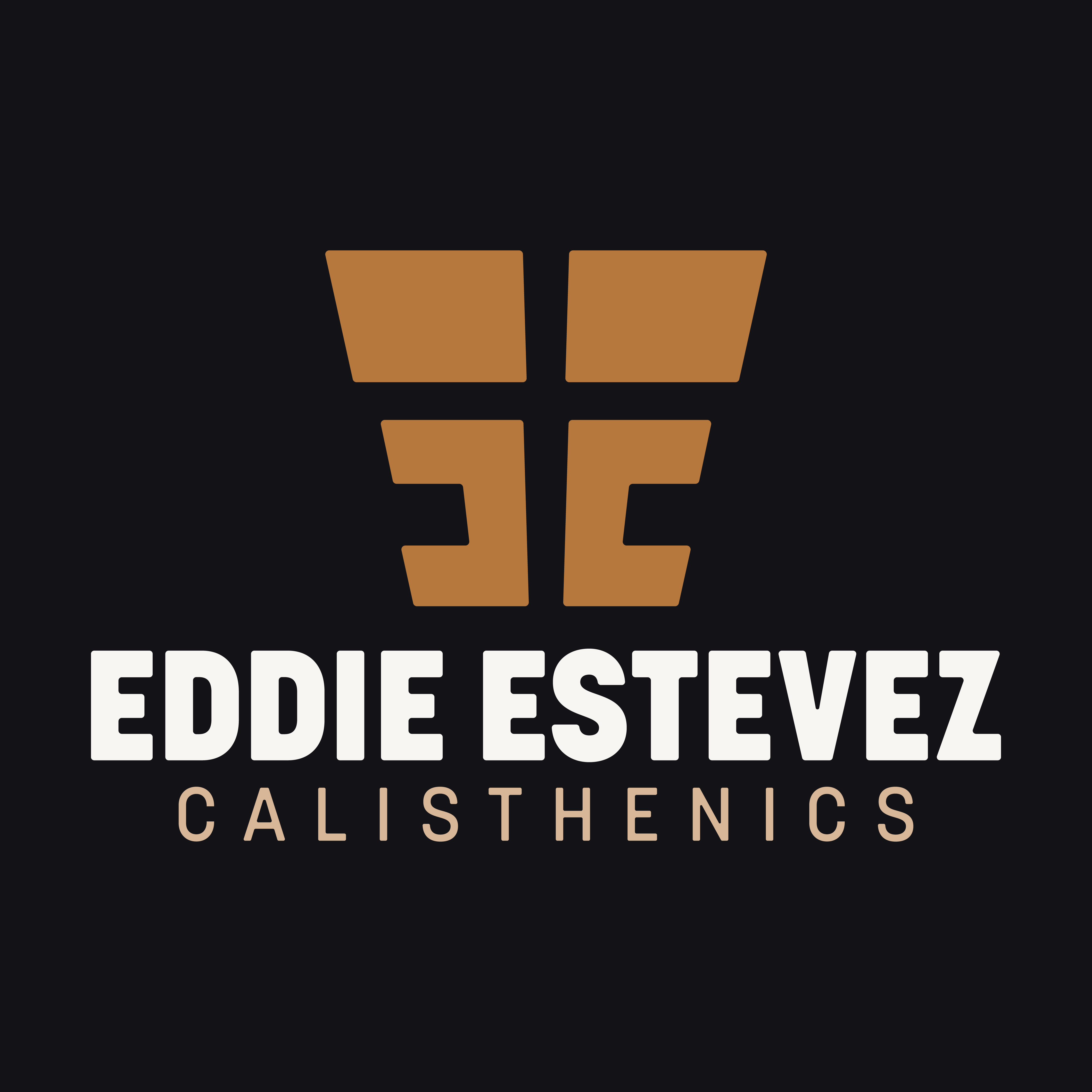 Eddie Estevez Calisthenics stacked logo with copper ‘EE’ fitness icon above white trainer name and tan specialty text on dark background