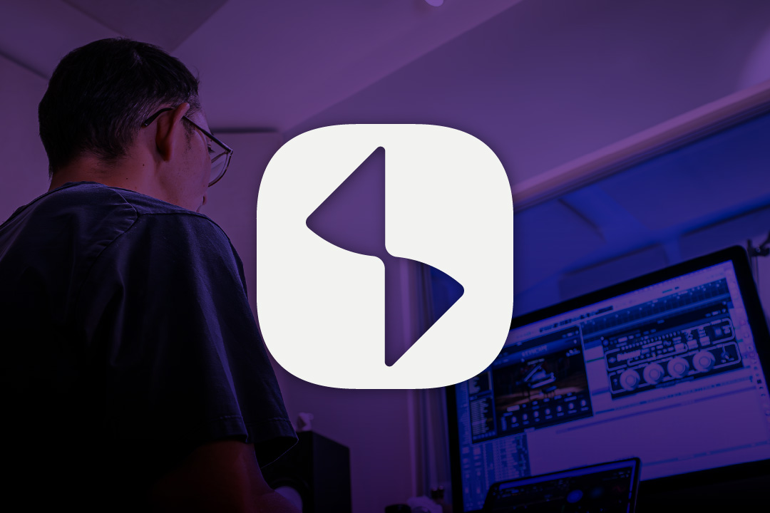Music studio branding featuring minimalist logo design over professional home recording setup and audio production