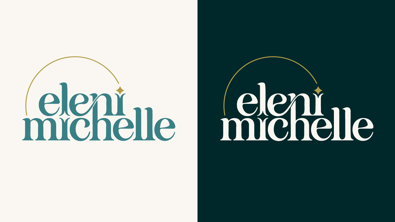 Eleni Michelle nail technician primary logo variations featuring teal typography on cream background and white typography on dark teal background with gold accent arcs