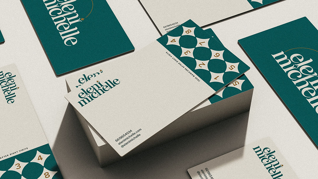 Eleni Michelle nail technician branded business card mockup showing logo card and loyalty punch card design with star motif