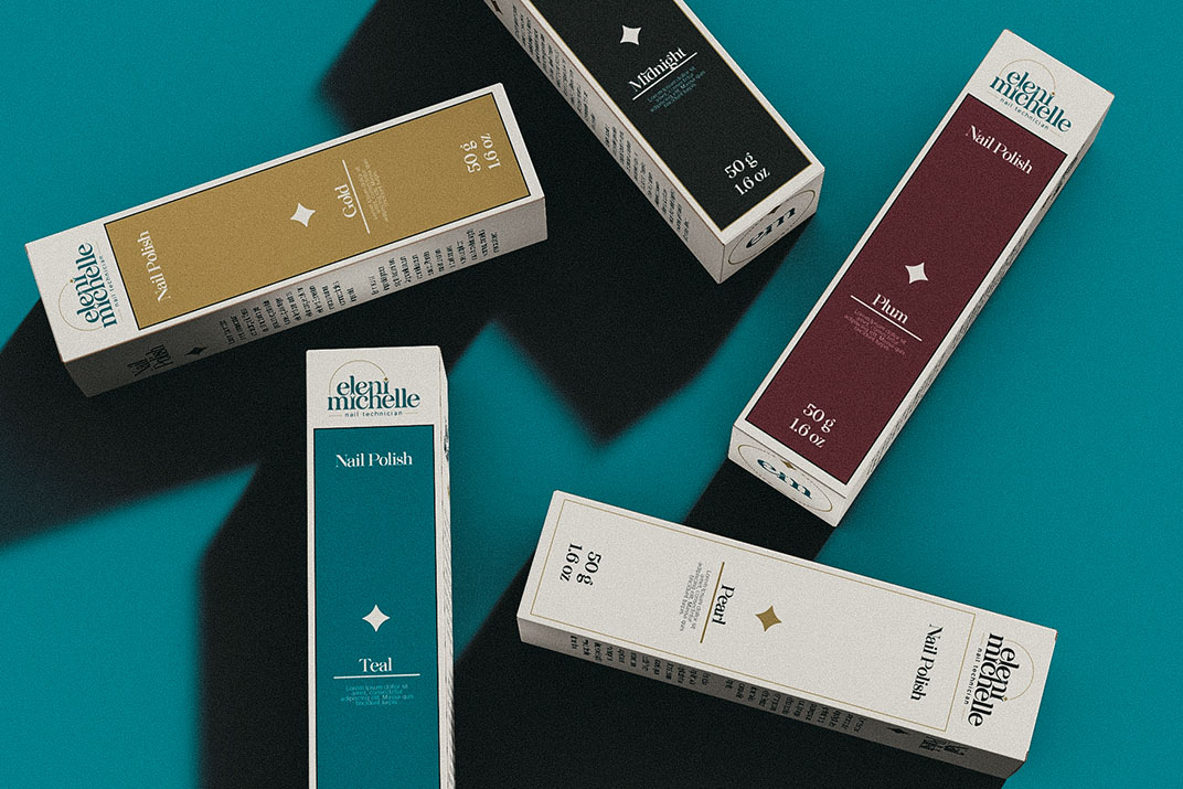 Custom nail polish packaging design featuring Eleni Michelle brand identity with elegant boxes in teal, plum, gold, pearl, and midnight color schemes