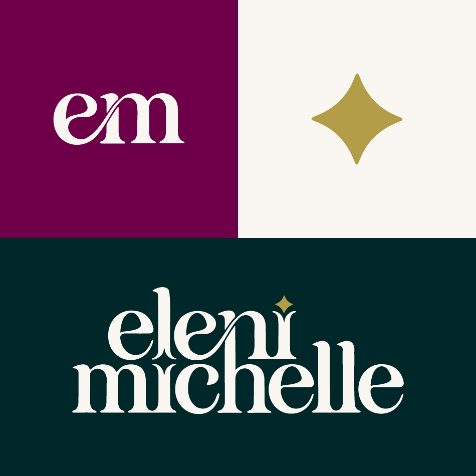 Three-panel brand identity showcase for Eleni Michelle displaying monogram logo, decorative star icon, and primary wordmark with coordinated color palette