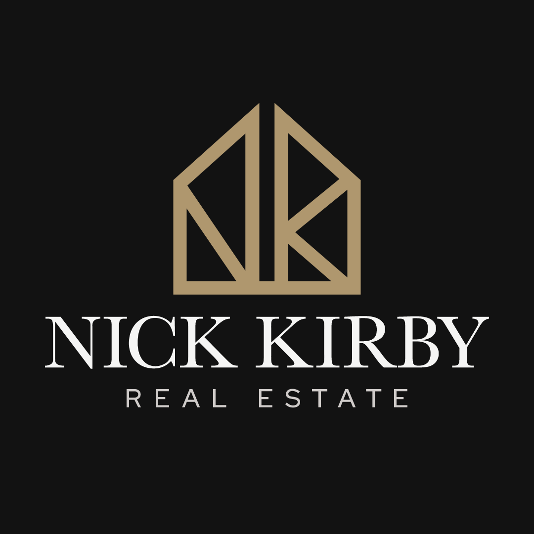 Custom real estate logo design featuring Nick Kirby stacked wordmark with geometric house symbol and luxury gold branding
