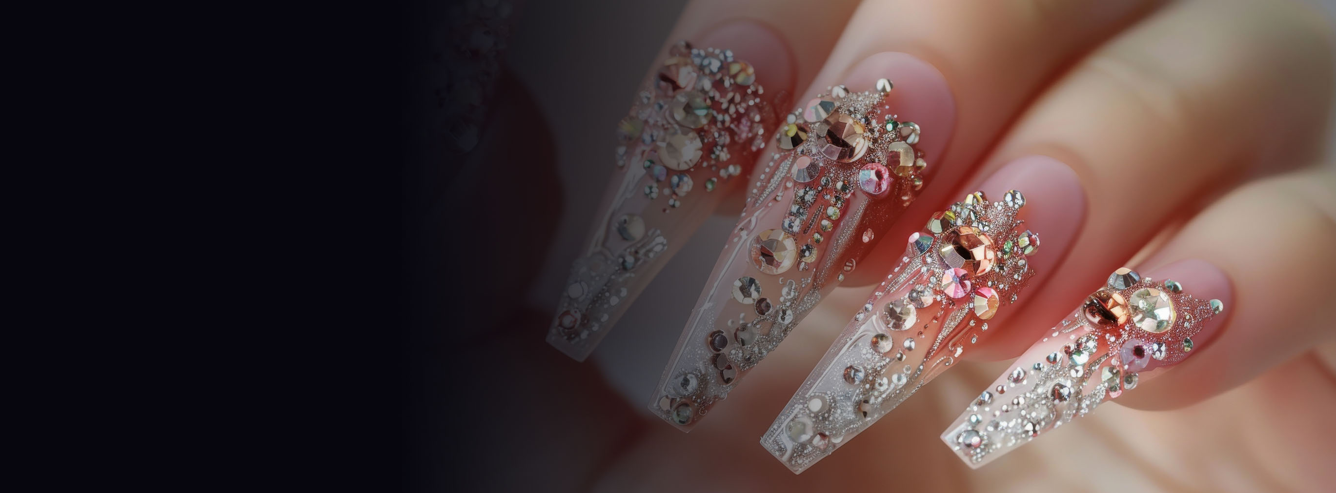 High-end acrylic nails featuring 3D crystal nail art and professional beauty service by experienced nail technician
