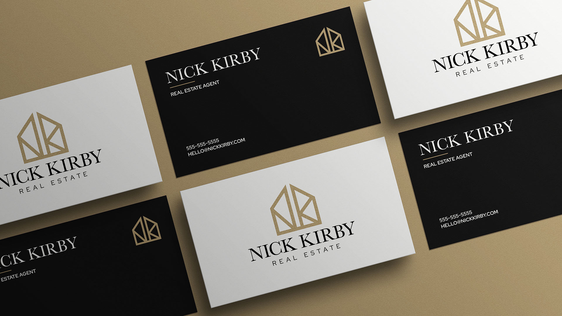 Nick Kirby Real Estate business card design featuring elegant black and white variations with gold geometric logo and professional typography