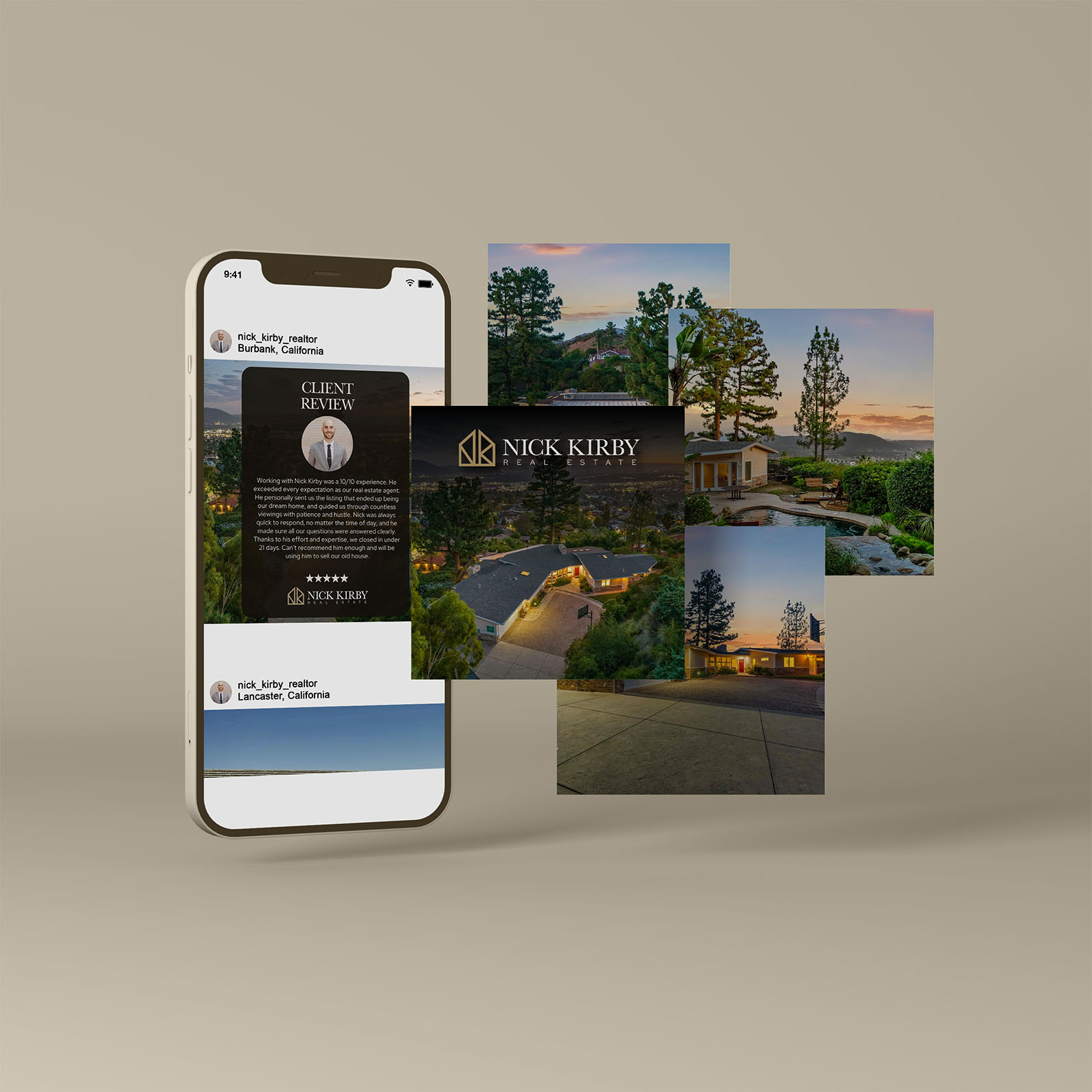 Nick Kirby Real Estate social media branding mockup featuring client testimonial post and luxury property imagery on mobile device