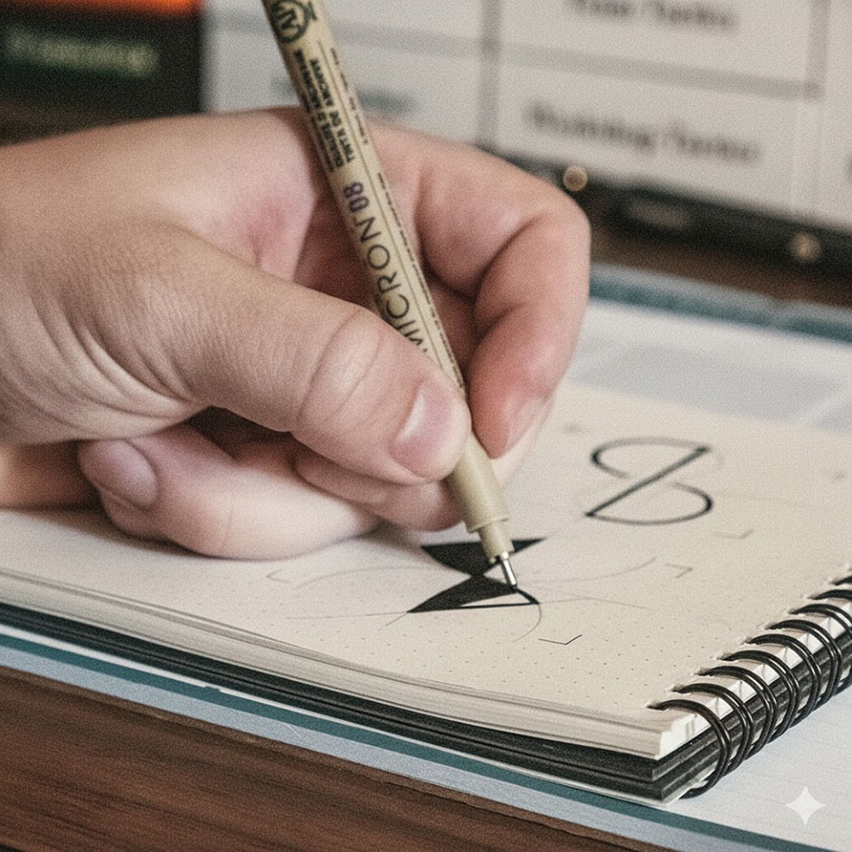 Brand designer finalizing logo concept sketch with pen in notebook during creative process