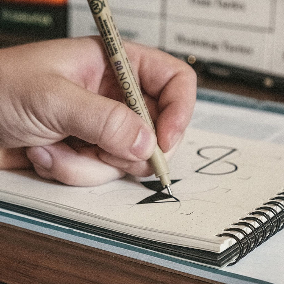 Brand designer finalizing logo concept sketch with pen in notebook during creative process