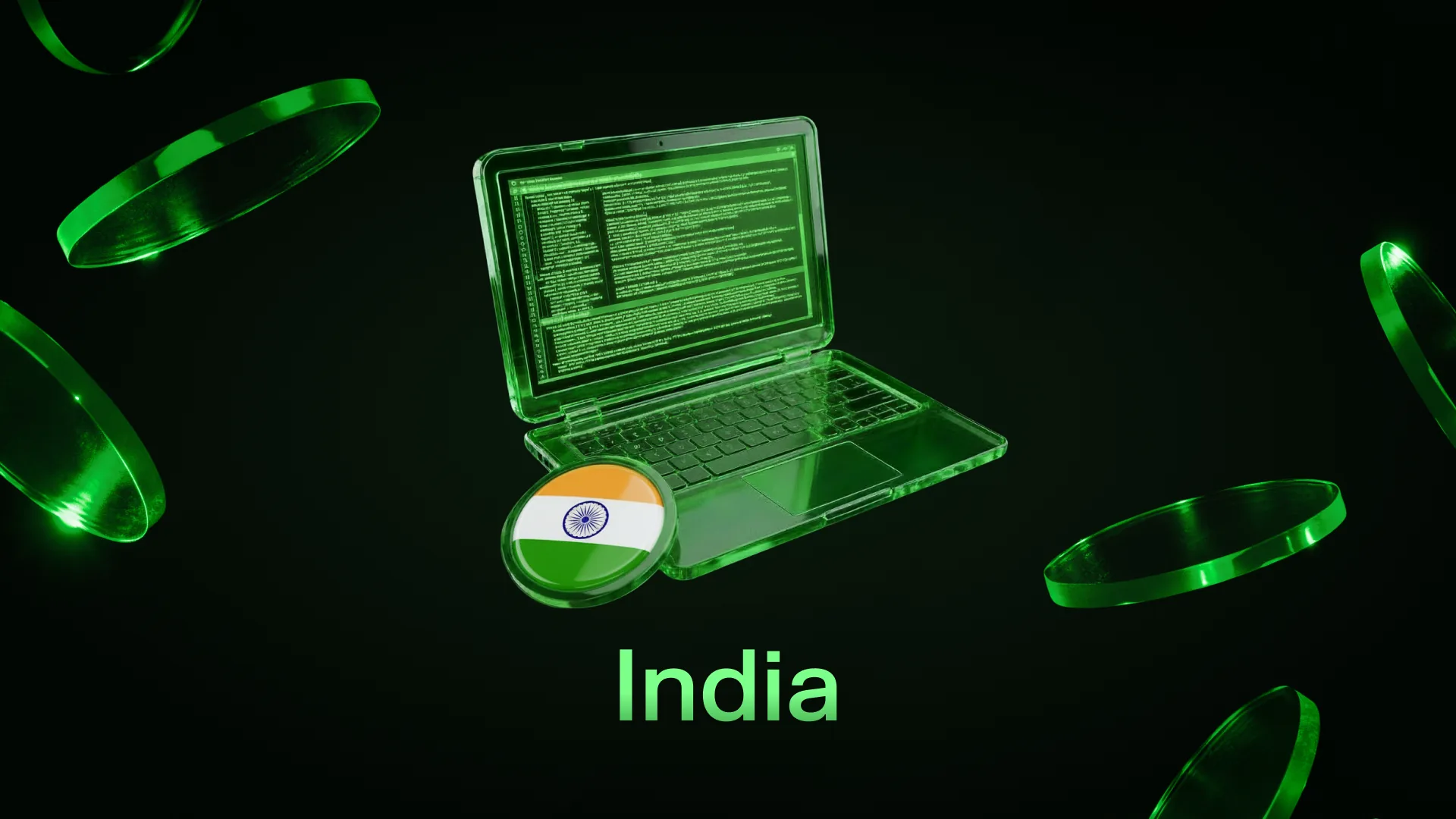 Green-lit laptop displaying code beside a coin bearing the Indian flag, captioned India