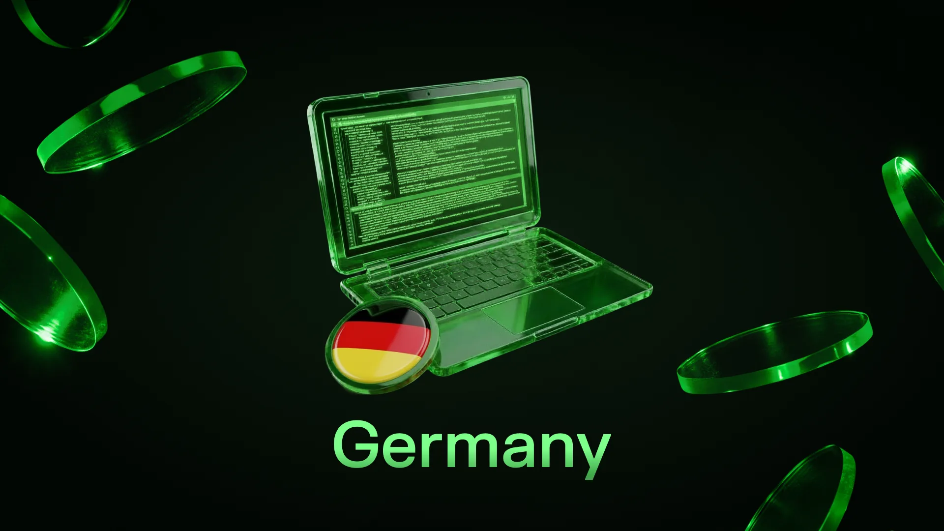 Green-lit laptop displaying code beside a coin bearing the German flag, captioned Germany
