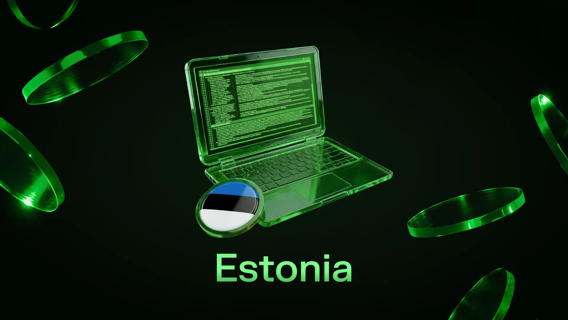 Green-lit laptop displaying code beside a coin bearing the Estonian flag, captioned Estonia