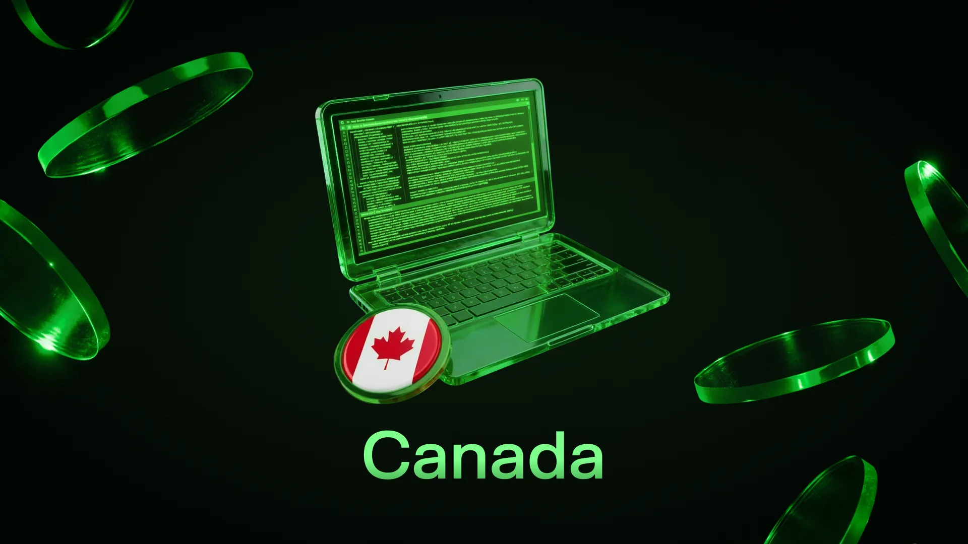 Green-lit laptop displaying code beside a coin bearing the Canadian flag, captioned Canada