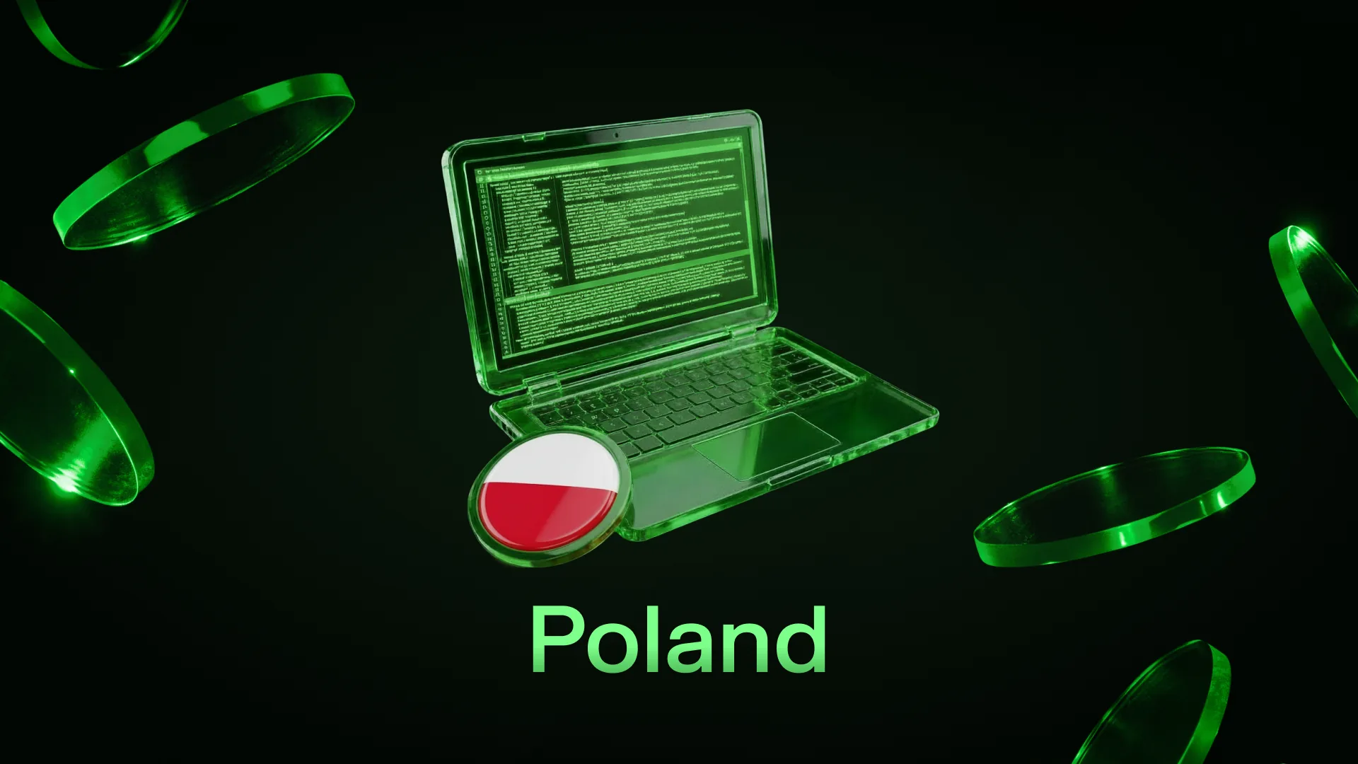 Green-lit laptop displaying code beside a coin bearing the Polish flag, captioned Poland