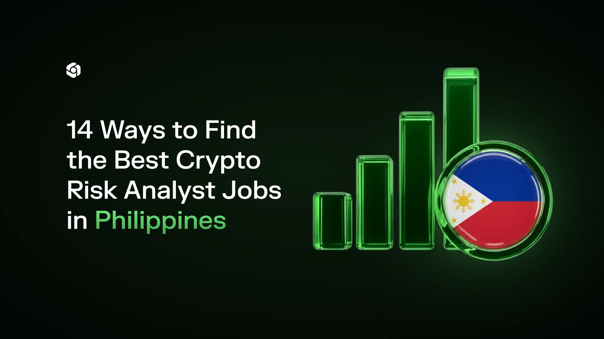 Green bar chart with a coin bearing the Philippine flag, titled 14 Ways to Find the Best Crypto Risk Analyst Jobs in the Philippines