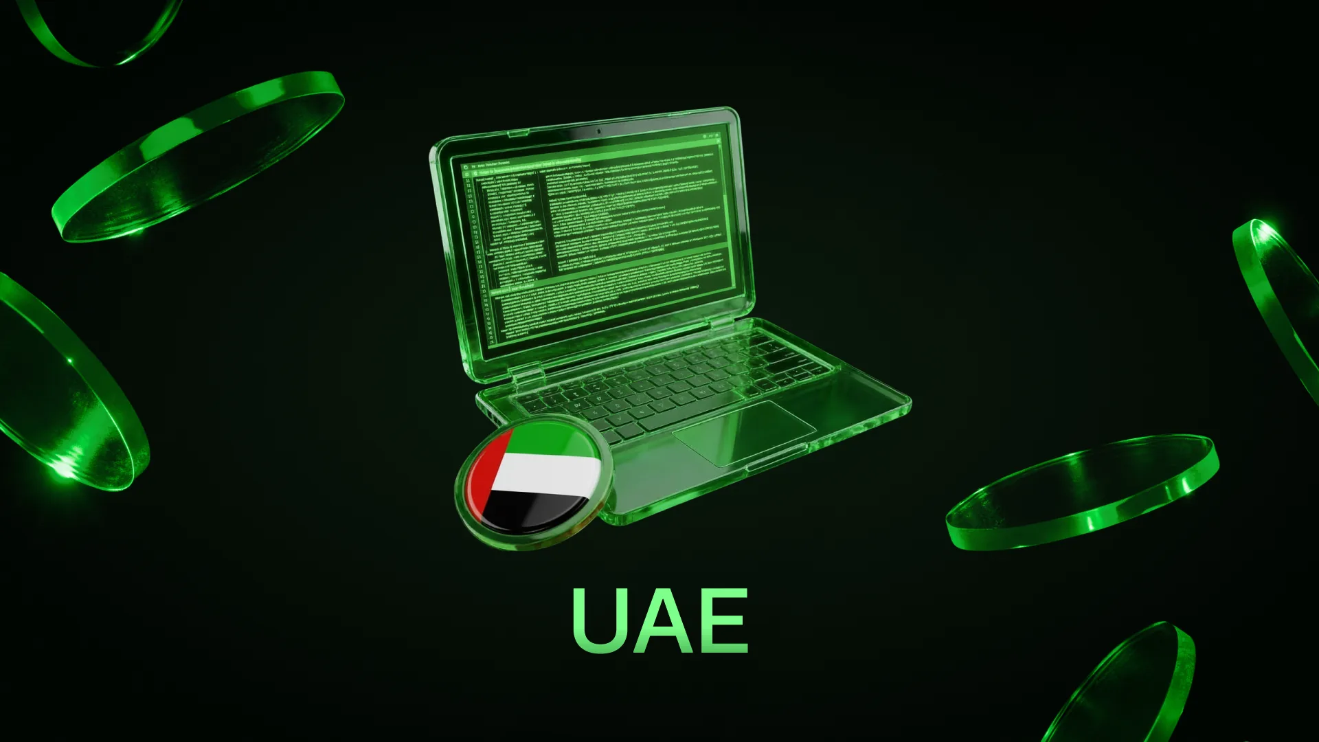 Green-lit laptop displaying code beside a coin bearing the UAE flag, captioned UAE