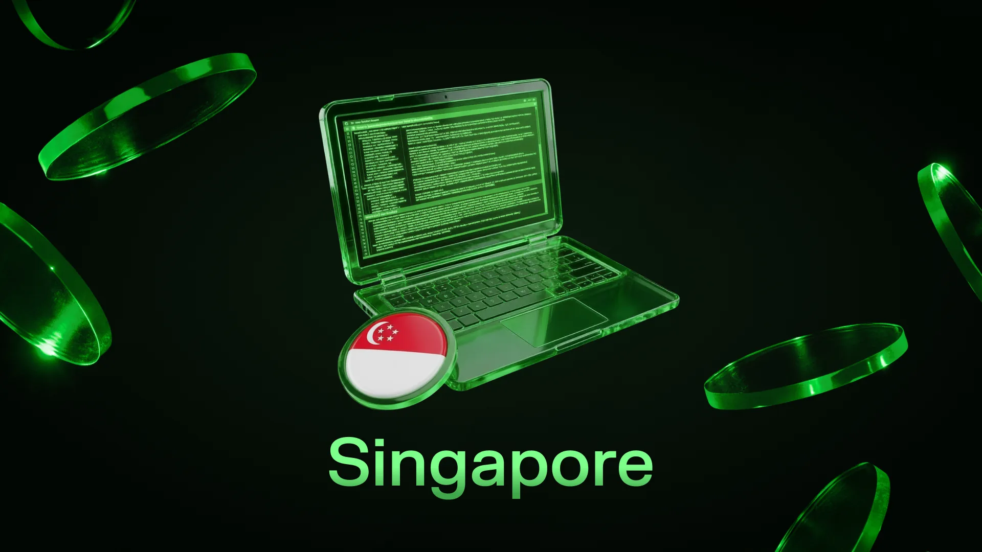 Green-lit laptop displaying code beside a coin bearing the Singapore flag, captioned Singapore