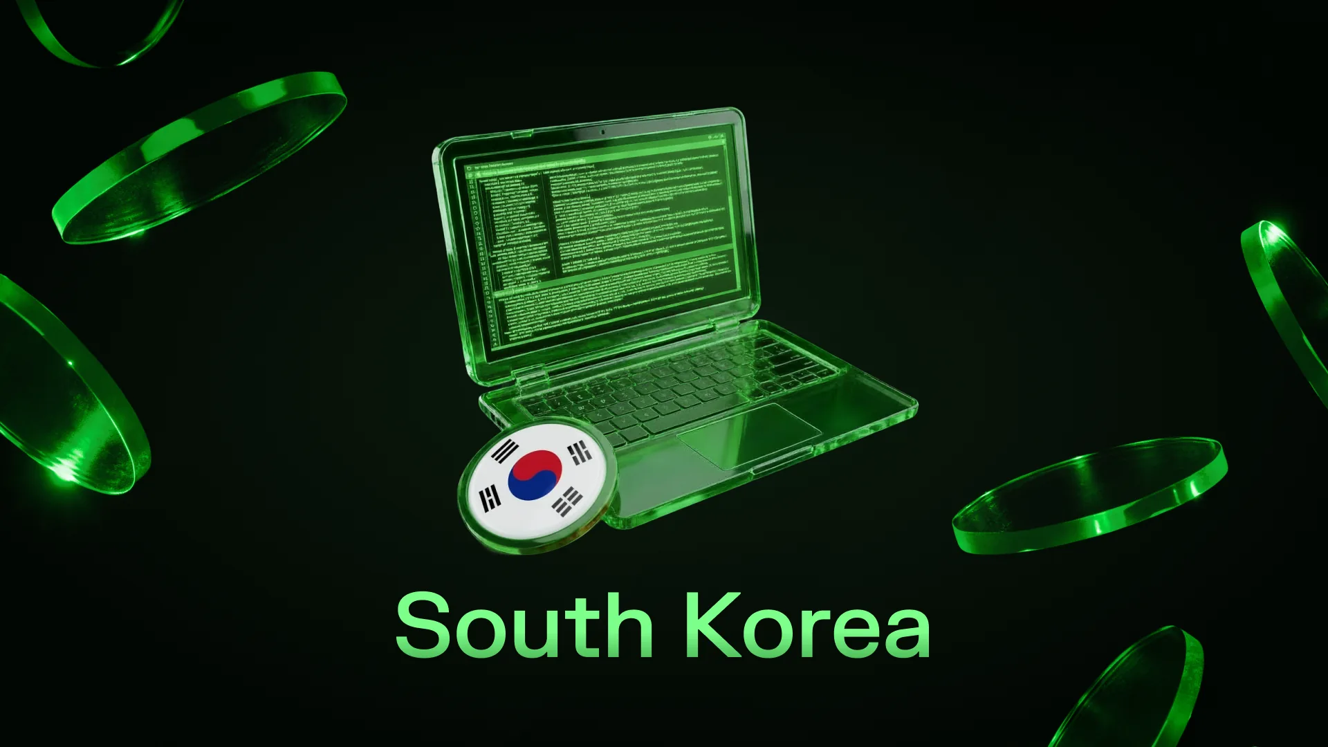 Green-lit laptop displaying code beside a coin bearing the South Korean flag, captioned South Korea