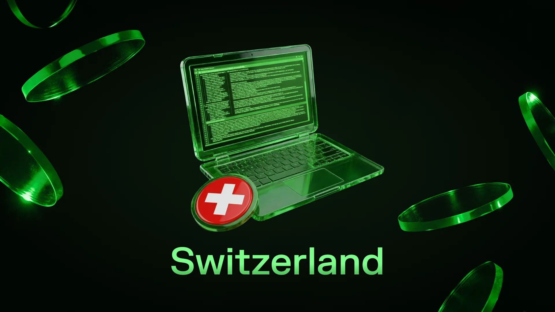 Green-lit laptop displaying code beside a coin bearing the Swiss flag, captioned Switzerland