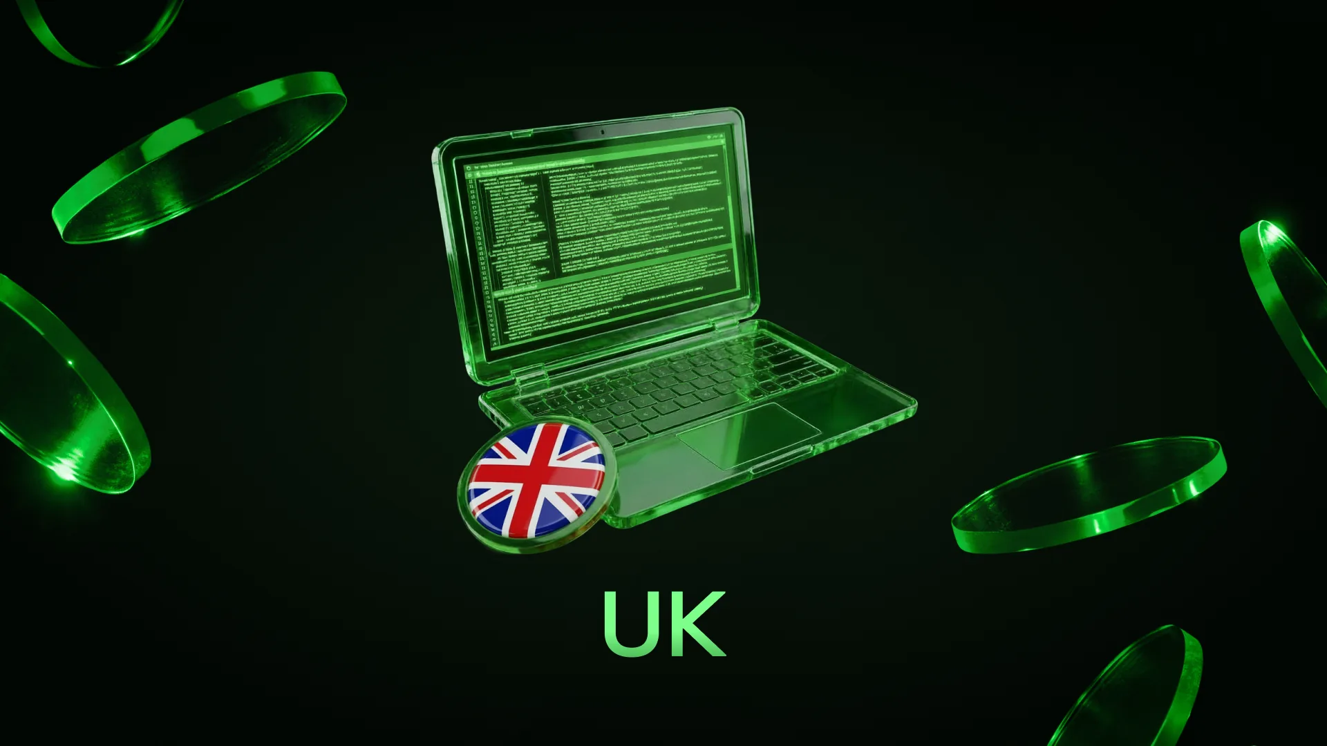 Green-lit laptop displaying code beside a coin bearing the UK flag, captioned UK