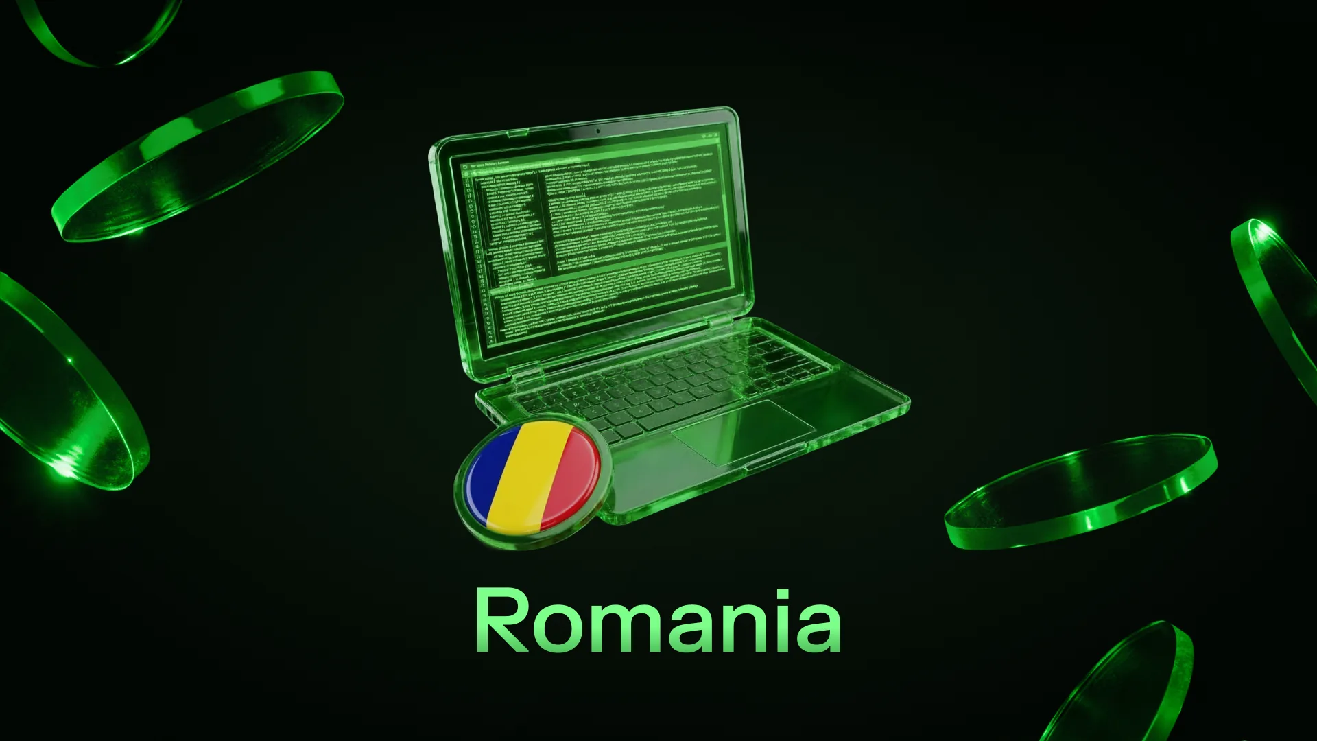 Green-lit laptop displaying code beside a coin bearing the Romanian flag, captioned Romania