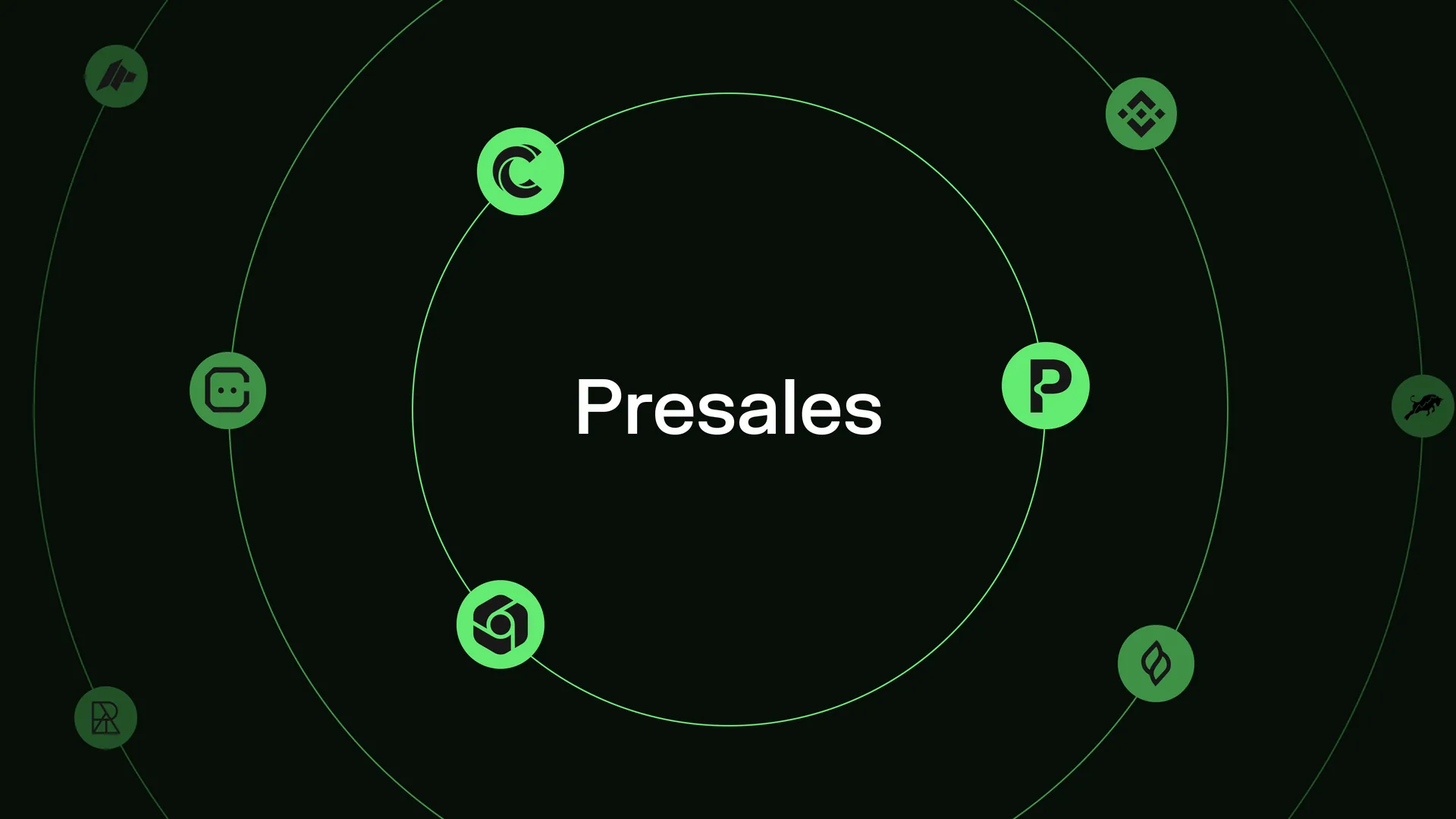 The word Presales at the centre of a ring of crypto token logos